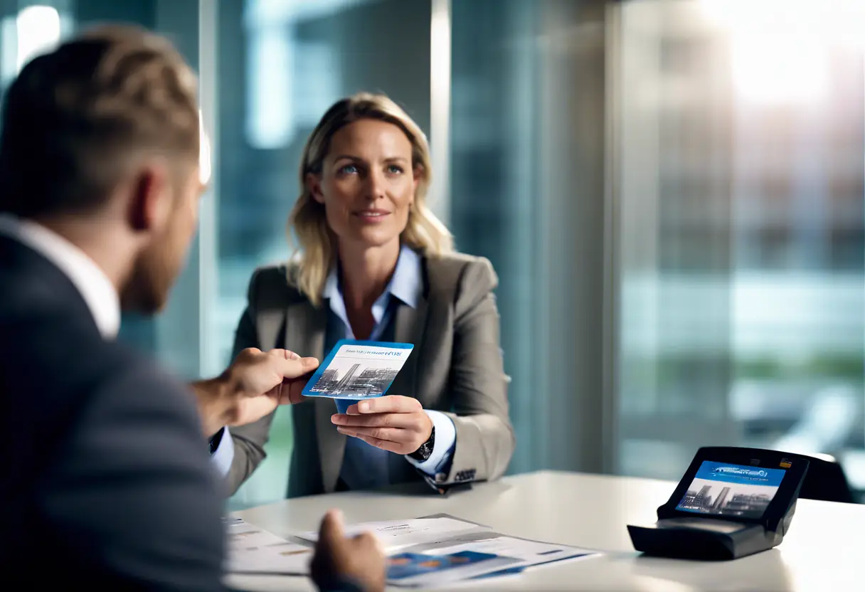 Corporate agent discussing FXP Cards with a client in a modern office.