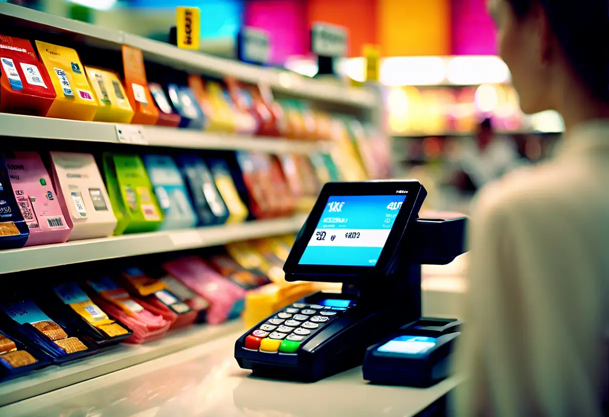 Person using an FXP Card at a point-of-sale terminal in a retail store.