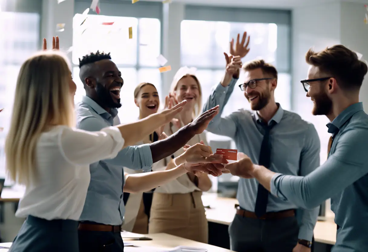 Group of employees celebrating as they receive their salaries through FXP Cards.
